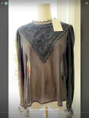 Zara Black Beaded Lace Yoke Sheer Long-Sleeve Blouse